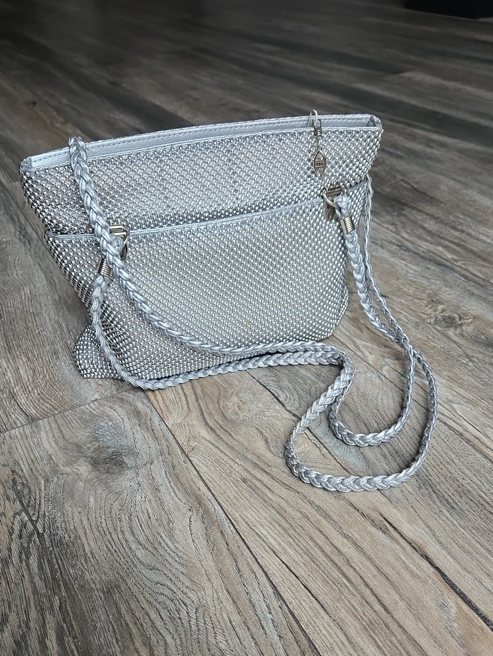 Y&S Handbags Silver Mesh Crossbody with Braided Strap